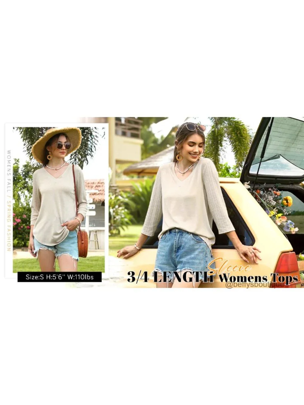 Women's 3/4 Sleeve V-Neck Lightweight Tunic Top